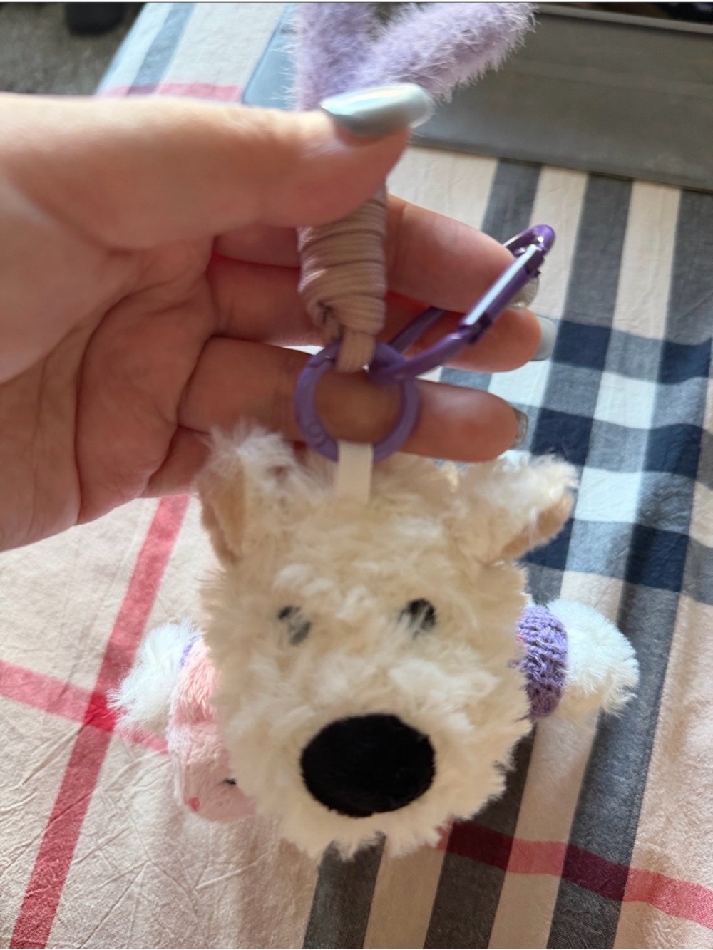 Plush Dog Keychain – Cream and Purple Cute Pet Accessory